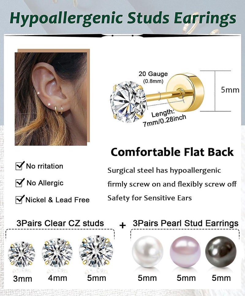 AMASIS Hypoallergenic Surgical Steel Earrings Sets for Sensitive Ears Lightweight Small Huggie Hoop Earrings 20G Stainless Steel Opal Ball Pearl CZ Flat Back Earrings for Women Men Trendy Cartilage Earrings Hoop Stud - Image 3